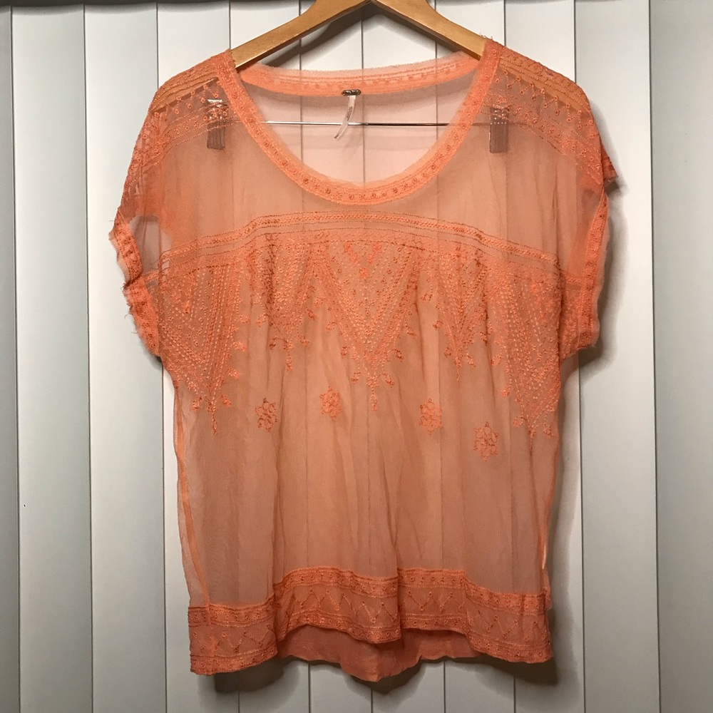 Free People coral color sheer lace blouse